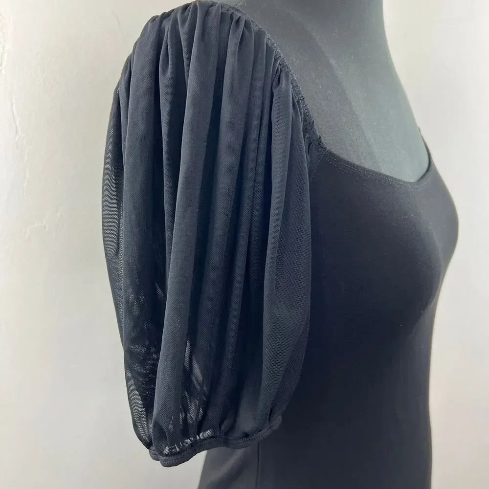 FREE PEOPLE INTIMATELY Black Mesh Puff Sleeve Rounded Square Neck Top Size M